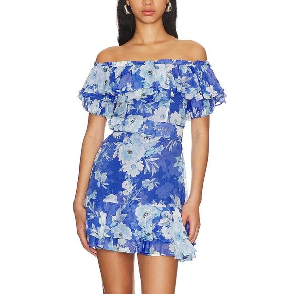 Yumi Kim Blue Floral Off The Shoulder Mini Dress LARGE Ruffle Wedding Guest NEW - Picture 1 of 8